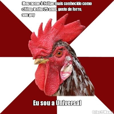 Meu nome � Felipe mais conhecido como
china, tenho 25 anos, gosto de forro,
sou gay  Eu sou a Universal