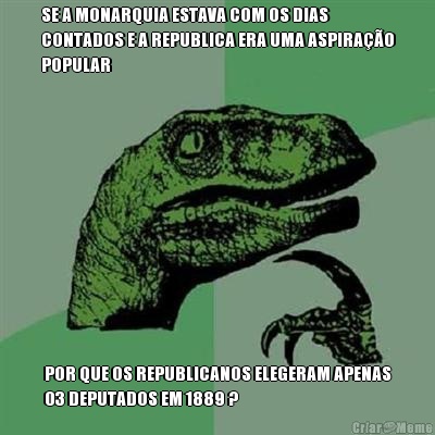 SE A MONARQUIA ESTAVA COM OS DIAS
CONTADOS E A REPUBLICA ERA UMA ASPIRA��O
POPULAR POR QUE OS REPUBLICANOS ELEGERAM APENAS
03 DEPUTADOS EM 1889 ?