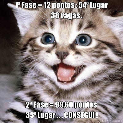 1� Fase = 12 pontos : 54� Lugar
                             38 vagas .  2� Fase = 99,60 pontos
33� Lugar . . . CONSEGUI !