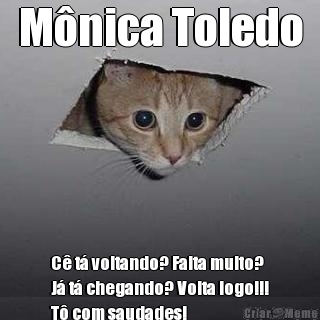 M�nica Toledo C� t� voltando? Falta muito?
J� t� chegando? Volta logo!!!
T� com saudades! 

