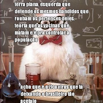 terra plana, esquerda que
defende os mesmos bandidos que
roubam os pertences deles,
teoria que as vacinas que
matam e � pra controlar a
popula��o acho que � o zica virus que t�
deixando o brasileiro t�o
ac�falo