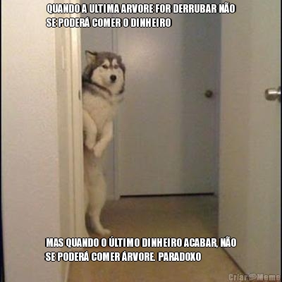 QUANDO A ULTIMA ARVORE FOR DERRUBAR N�O
SE PODER� COMER O DINHEIRO MAS QUANDO O �LTIMO DINHEIRO ACABAR, N�O
SE PODER� COMER �RVORE. PARADOXO