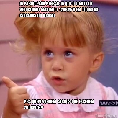 J� PAROU PARA PENSAR, J� QUE O LIMITE DE
VELOCIDADE M�XIMO � 120KM/H EM TODAS AS
ESTRADAS DO BRASIL PRA QUEM VENDEM CARROS QUE EXCEDEM
200KM/H?