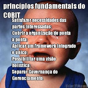 princ�pios fundamentais do
COBIT Satisfazer necessidades das
partes interessadas;
Cobrir a organiza��o de ponta
a ponta;
Aplicar um framework integrado
e �nico;
Possibilitar uma vis�o
hol�stica;
Separar Governan�a do
Gerenciamento.