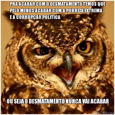 PRA ACABAR COM O DESMATAMENTO TEMOS QUE
PELO MENOS ACABAR COM A POBREZA EXTREMA
E A CORRUP��O POL�TICA  OU SEJA O DESMATAMENTO NUNCA VAI ACABAR