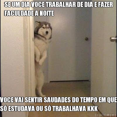 SE UM DIA VOCE TRABALHAR DE DIA E FAZER
FACULDADE A NOITE VOCE VAI SENTIR SAUDADES DO TEMPO EM QUE
S� ESTUDAVA OU S� TRABALHAVA KKK
