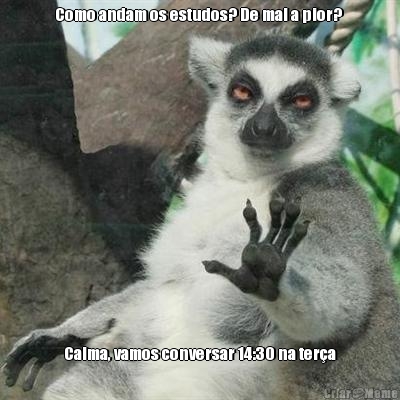 Como andam os estudos? De mal a pior?  Calma, vamos conversar 14:30 na ter�a