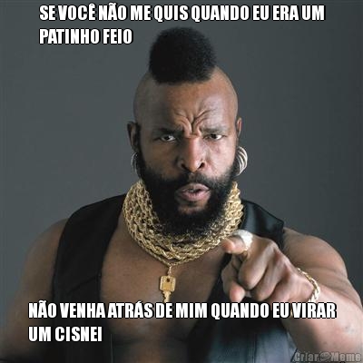 SE VOC� N�O ME QUIS QUANDO EU ERA UM
PATINHO FEIO N�O VENHA ATR�S DE MIM QUANDO EU VIRAR
UM CISNEI