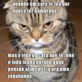 quando um cara te zoa por
nunca ter namorado mas a vida do cara que te zoou
� toda zoada porque paga
pens�o aliment�cia pra uma
vagabunda