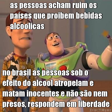 as pessoas acham ruim os
pa�ses que proibem bebidas
alcoolicas no brasil as pessoas sob o
efeito do alcool atropelam e
matam inocentes e n�o s�o nem
presos, respondem em liberdade