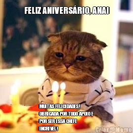 FELIZ ANIVERS�RIO, ANA! MUITAS FELICIDADES!
OBRIGADA POR TODO APOIO E
POR SER ESSA CHEFE
INCR�VEL!