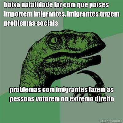 baixa natalidade faz com que pa�ses
importem imigrantes, imigrantes trazem
problemas sociais problemas com imigrantes fazem as
pessoas votarem na extrema direita