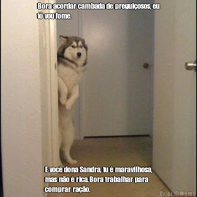 Bora acordar cambada de pregui�osos, eu
t� vou fome. E voc� dona Sandra, tu � maravilhosa,
mas n�o � rica.Bora trabalhar para
comprar ra��o.