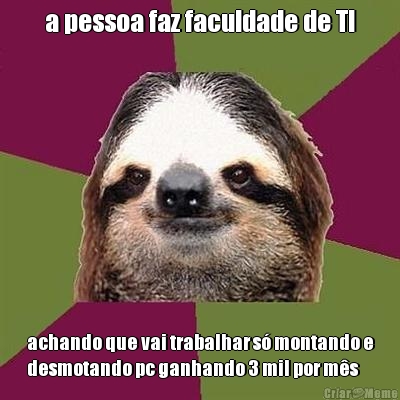 a pessoa faz faculdade de TI achando que vai trabalhar s� montando e
desmotando pc ganhando 3 mil por m�s