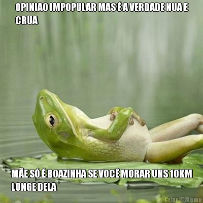 OPINIAO IMPOPULAR MAS � A VERDADE NUA E
CRUA M�E S� � BOAZINHA SE VOC� MORAR UNS 10KM
LONGE DELA