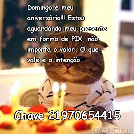 Domingo � meu
anivers�rio!!! Estou
aguardando meu presente
em forma de PIX, n�o
importa o valor. O que
vale � a inten��o.  Chave 21970654415