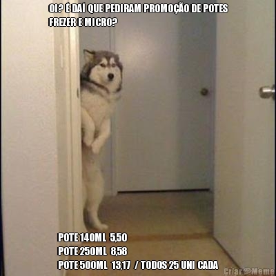 OI? � DA� QUE PEDIRAM PROMO��O DE POTES
FREZER E MICRO?  POTE 140ML  5,50
POTE 250ML  8,58
POTE 500ML  13,17  / TODOS 25 UNI CADA
