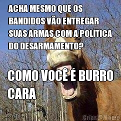 ACHA MESMO QUE OS
BANDIDOS V�O ENTREGAR
SUAS ARMAS COM A POL�TICA
DO DESARMAMENTO? COMO VOC� � BURRO
CARA