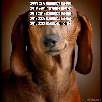 2009 2177 bandidos mortos
2010 2434 bandidos mortos
2011 2042 bandidos mortos
2012 2332 bandidos mortos
2013 2212 bandidos mortos 