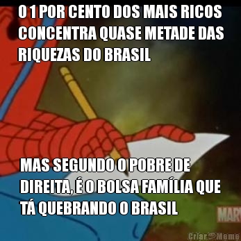 O 1 POR CENTO DOS MAIS RICOS
CONCENTRA QUASE METADE DAS
RIQUEZAS DO BRASIL MAS SEGUNDO O POBRE DE
DIREITA, � O BOLSA FAM�LIA QUE
T� QUEBRANDO O BRASIL