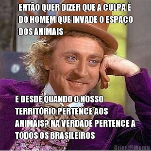 ENT�O QUER DIZER QUE A CULPA �
DO HOMEM QUE INVADE O ESPA�O
DOS ANIMAIS E DESDE QUANDO O NOSSO
TERRIT�RIO PERTENCE AOS
ANIMAIS? NA VERDADE PERTENCE A
TODOS OS BRASILEIROS